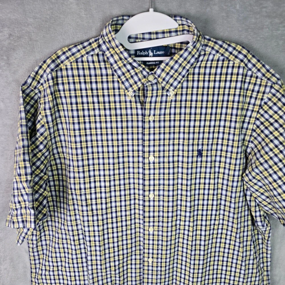 Polo Ralph Lauren Men XL Classic Fit Short Sleeve Plaid Button Down Shirt Yellow